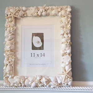 Seashell Wall Frame, Nautical Coastal Beach Decor Shell Art Frame, Seashell Wall Beach Wedding Frame, 11x14 WHITE or COLORED image 5