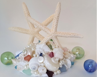 Beach Wedding Cake Topper, Nautical Starfish & Sea Glass Wedding Cake Top, Beach Wedding Decor, Coastal Cake Decoration