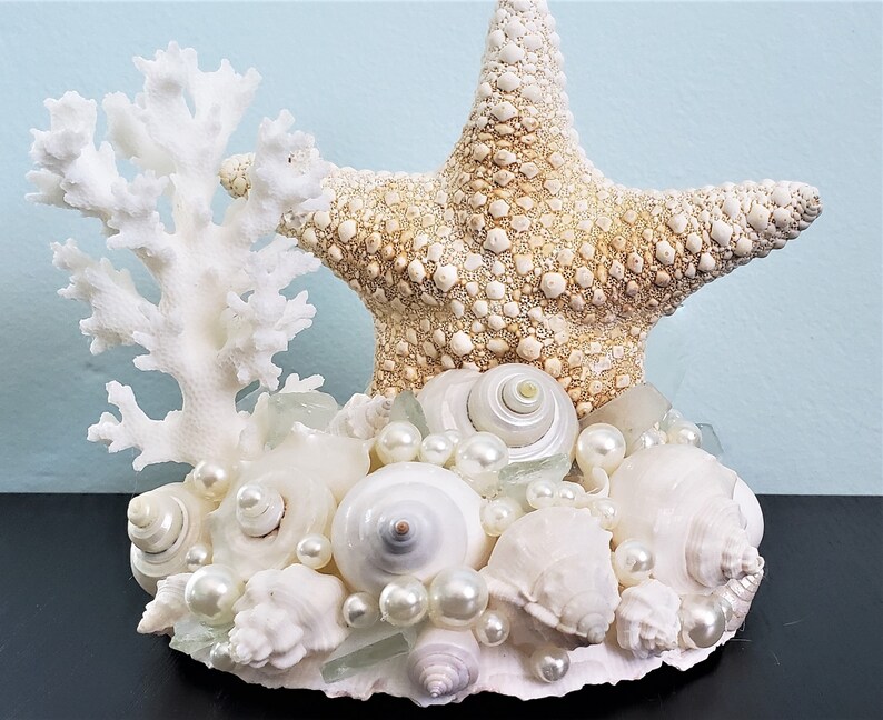 Starfish Cake Topper for Beach Weddings, Nautical Starfish Seashell & Sea Glass Cake Topper, Coastal Nautical Wedding, Beach Wedding Decor image 4