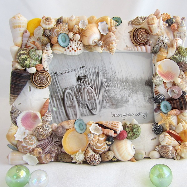 Seashell Picture Frame, Nautical Coastal Beach Decor Colored Seashell Art Frame Beach Wedding Gift, 8x10"