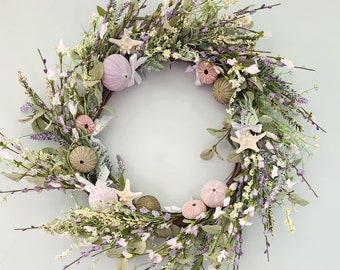 Spring Beach Wreath, Coastal Spring Summer Beach Decor Wildflower Lavender Wreath w Sea Urchins & Starfish, Beach Coastal Gifts and Wreaths