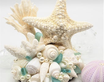 Beach Wedding Cake Topper, Nautical Starfish Seashell & Sea Glass Cake Topper, Coastal Wedding, Nautical Wedding, Beach Wedding Decor