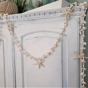 White Seashell Garland: Shell & Starfish Decor for Coastal Nautical Beach Wedding or Christmas, 6FT