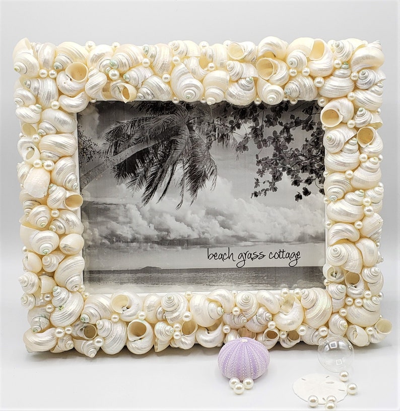 Beach Decor Seashell Frame, Nautical Coastal Decor Beach Wedding Gift or Shower Gift Shell Picture Frame, 5x7 image 1