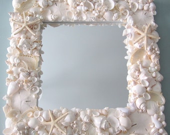 Beach Decor Seashell Mirror, Nautical Decor Shell Mirror, Coastal Decor White Seashell Mirror, Seashell Wall Mirror, White Shell Mirror, 18"