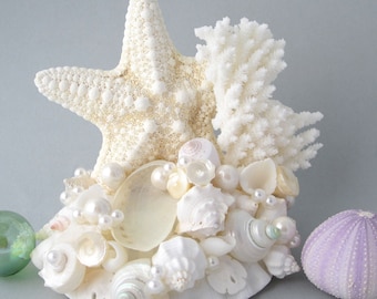 Beach Wedding Cake Topper, Nautical Seashell Coral & Starfish Cake Topper, Beach Decor Cake Decoration, Coastal Decor, Nautical Decor