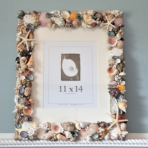 Seashell Wall Frame, Nautical Coastal Beach Decor Shell Art Frame, Seashell Wall Beach Wedding Frame, 11x14 WHITE or COLORED image 3