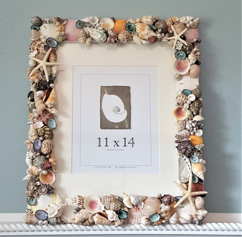 Seashell Wall Frame, Nautical Coastal Beach Decor Shell Art Frame, Seashell Wall Beach Wedding Frame, 11x14 WHITE or COLORED image 3