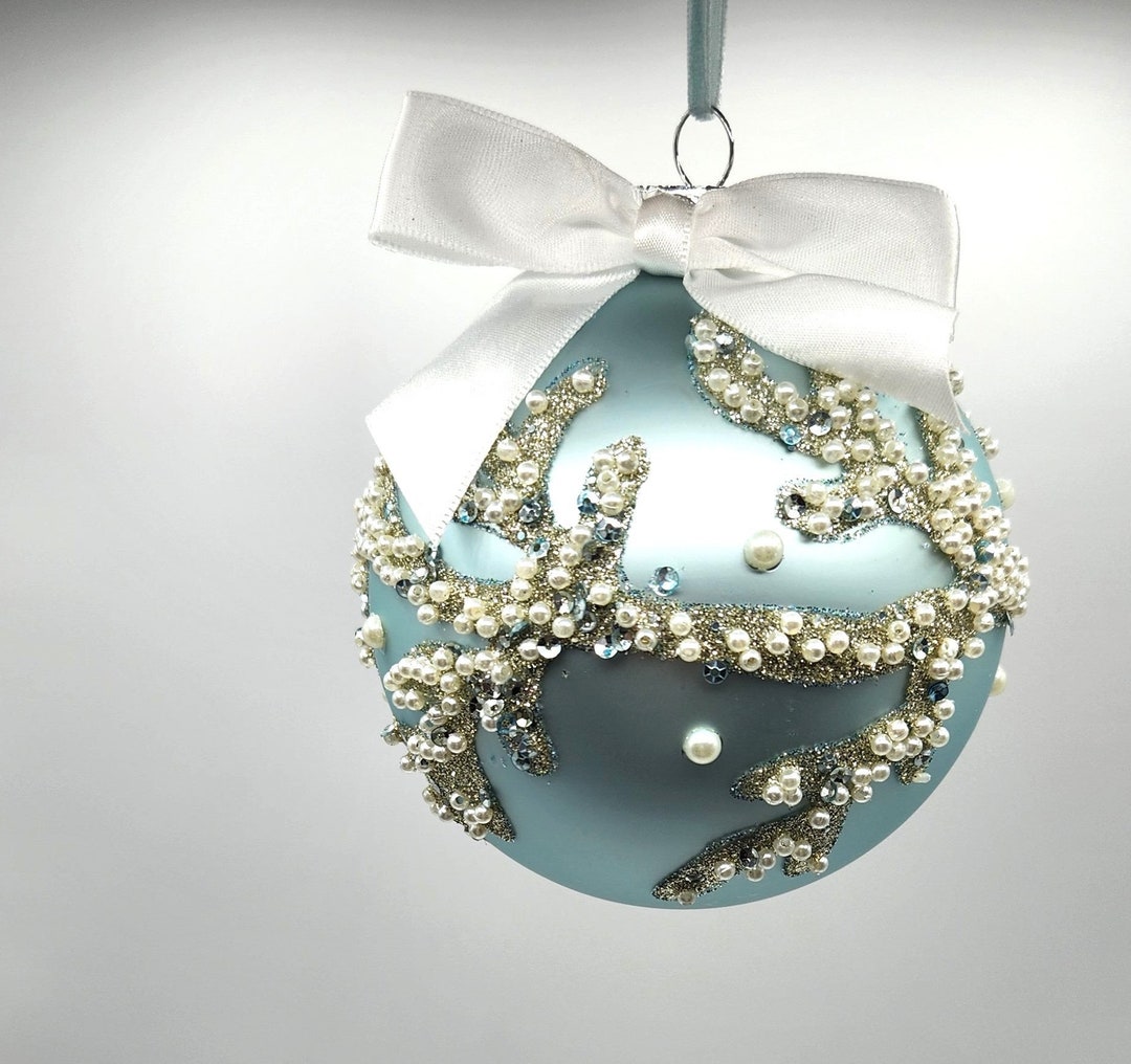 Coastal Beach Christmas Coral Ornament, Aqua Beaded Ornament, Coral Sea