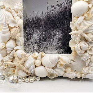 Seashell Picture Frame, Coastal Nautical Decor White Shell Art Frame, White Seashell Frame for Beach Wedding or Beach Shower Gift, 5x7 image 4