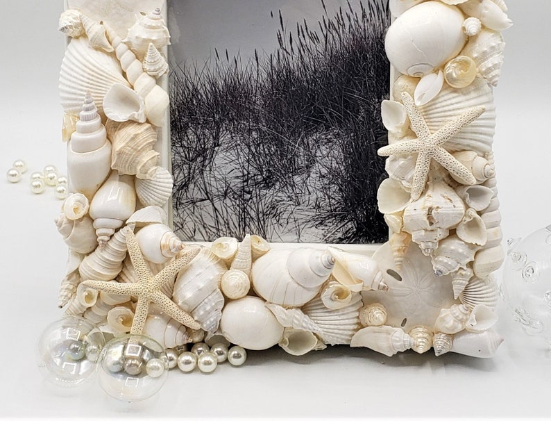 Seashell Picture Frame, Coastal Nautical Decor White Shell Art Frame, White Seashell Frame for Beach Wedding or Beach Shower Gift, 5x7 image 4