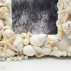 Seashell Picture Frame, Coastal Nautical Decor White Shell Art Frame, White Seashell Frame for Beach Wedding or Beach Shower Gift, 5x7 image 8