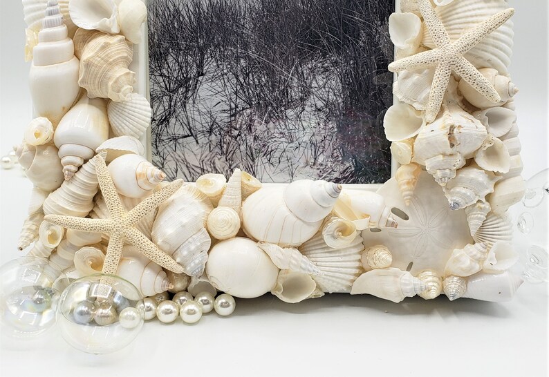 Seashell Picture Frame, Coastal Nautical Decor White Shell Art Frame, White Seashell Frame for Beach Wedding or Beach Shower Gift, 5x7 image 8