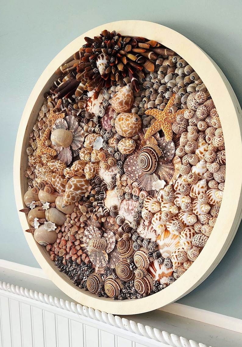 Seashell Wall Art, Beach Decor Coastal Decor Seashell Wall Hanging, Round Seashell Mosaic Beach Coastal Gift Beach Wedding Gift, 16.5 image 2