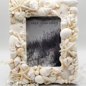 Seashell Picture Frame, Coastal Nautical Decor White Shell Art Frame, White Seashell Frame for Beach Wedding or Beach Shower Gift, 5x7 image 3