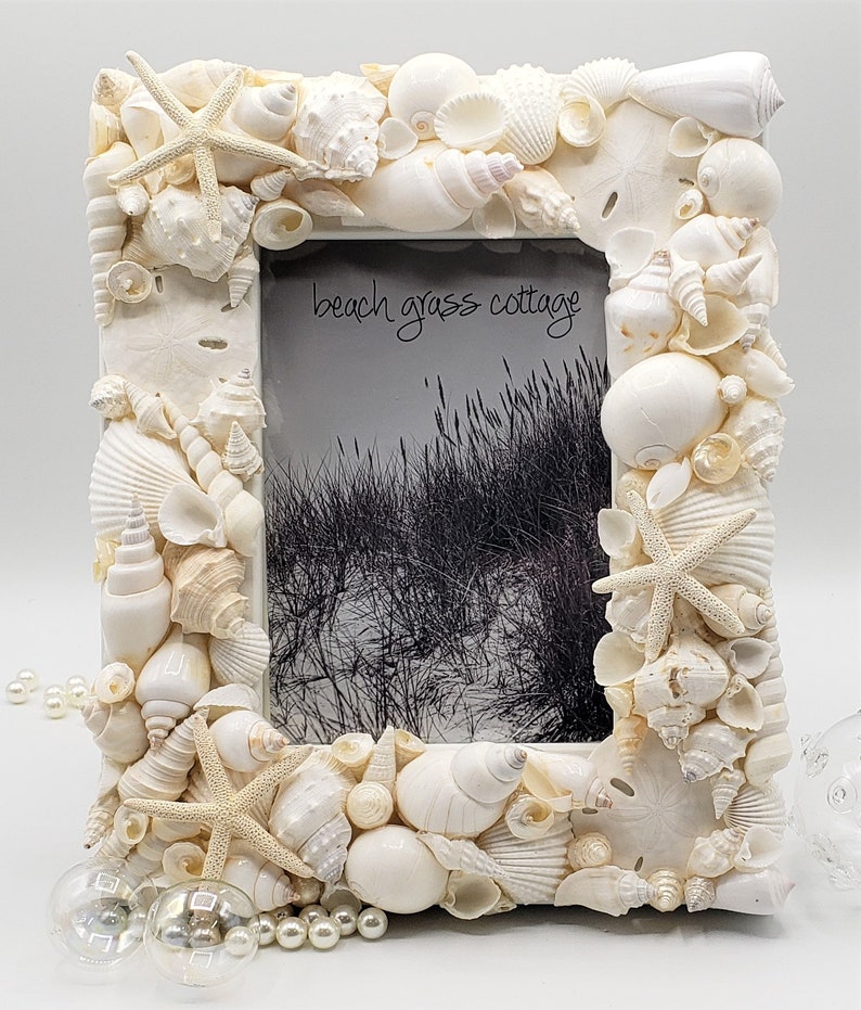 Seashell Picture Frame, Coastal Nautical Decor White Shell Art Frame, White Seashell Frame for Beach Wedding or Beach Shower Gift, 5x7 image 3