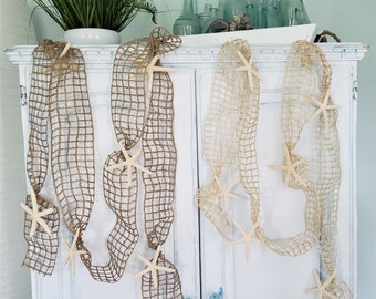 Beach Coastal Nautical Decor Fish Net & Starfish Garland, Netting Seashell Garland, CHOOSE 4-9FT, BROWN or NATURAL