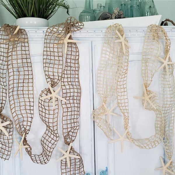 Beach Coastal Nautical Decor Fish Net & Starfish Garland, Netting Seashell Garland, CHOOSE 4-9FT, BROWN or NATURAL