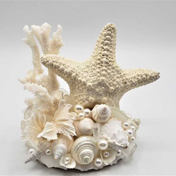 Starfish Cake Topper w Sea Glass, Beach Wedding Cake Top, Nautical Beach Glass Wedding Cake Decor, Coastal Shell Wedding Cake Decor