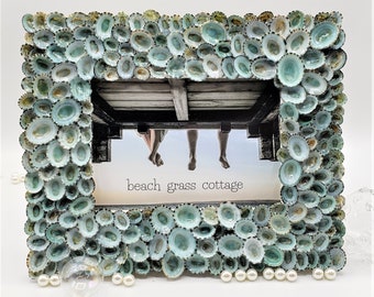 Seashell Picture Frame, Nautical Coastal Beach Decor Aqua Limpet Shell Art Frame for Beach Wedding Photo or Wedding Gift, 5x7"