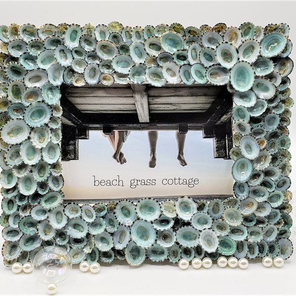 Seashell Picture Frame, Nautical Coastal Beach Decor Aqua Limpet Shell Art Frame for Beach Wedding Photo or Wedding Gift, 5x7"