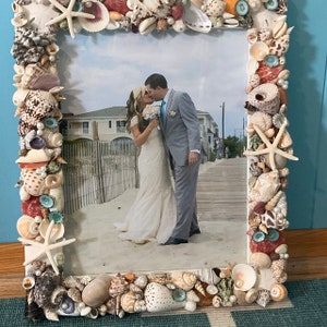 Seashell Wall Frame, Nautical Coastal Beach Decor Shell Art Frame, Seashell Wall Beach Wedding Frame, 11x14 WHITE or COLORED image 4