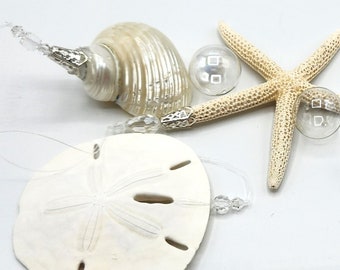 Beach Christmas Seashell Ornaments, Coastal Christmas Shell Ornaments, Nautical Sea Life Ornament, Starfish Ornament, Beach Gifts, 3PC