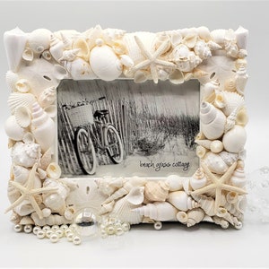 Seashell Picture Frame, Coastal Nautical Decor White Shell Art Frame, White Seashell Frame for Beach Wedding or Beach Shower Gift,  5x7&quot;