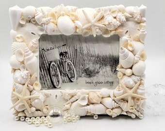 Seashell Picture Frame, Coastal Nautical Decor White Shell Art Frame, White Seashell Frame for Beach Wedding or Beach Shower Gift,  5x7"
