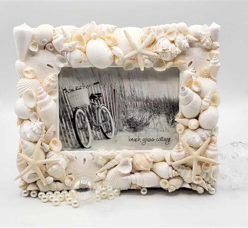 Seashell Picture Frame, Coastal Nautical Decor White Shell Art Frame, White Seashell Frame for Beach Wedding or Beach Shower Gift, 5x7 image 1