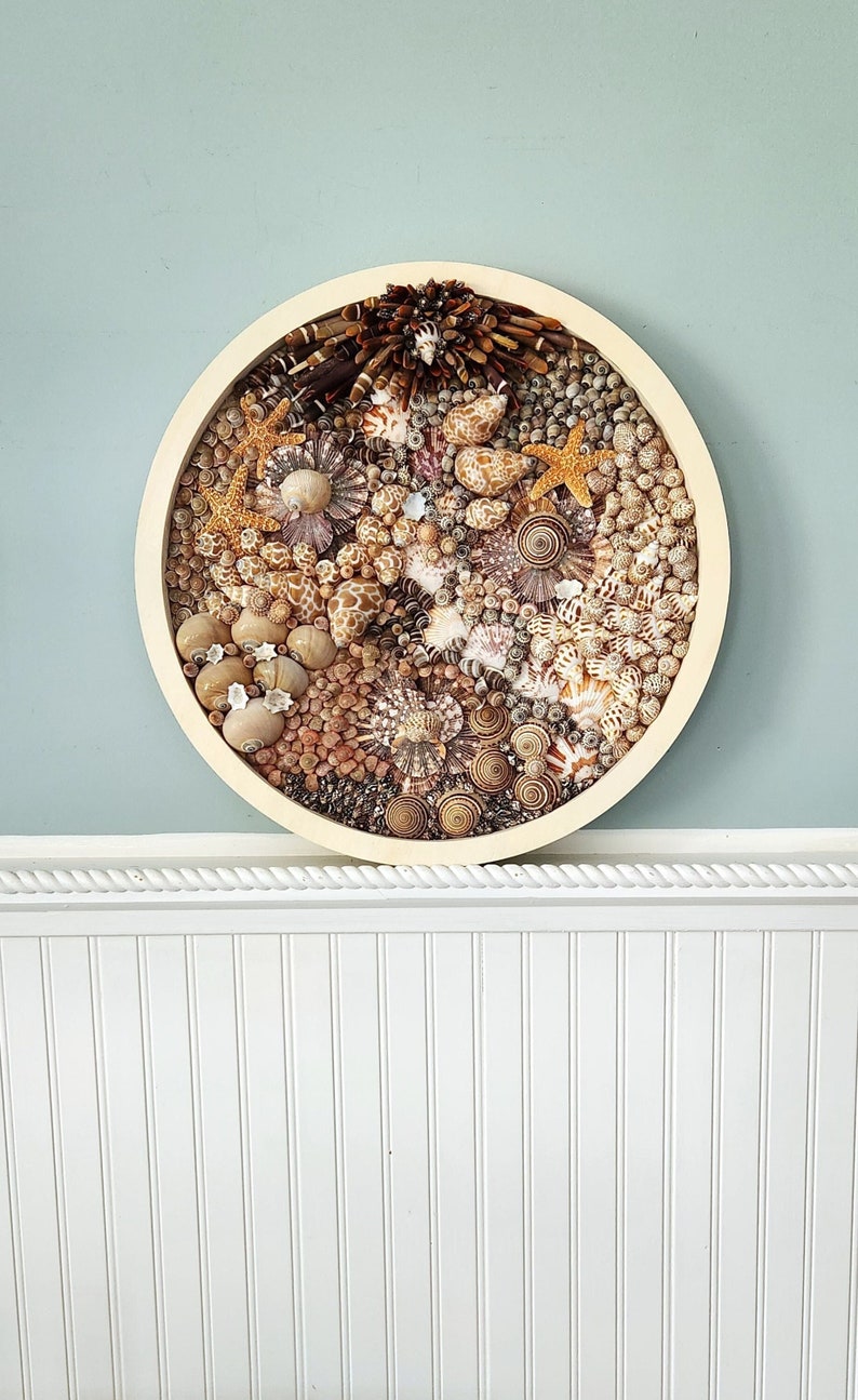 Seashell Wall Art, Beach Decor Coastal Decor Seashell Wall Hanging, Round Seashell Mosaic Beach Coastal Gift Beach Wedding Gift, 16.5 image 4