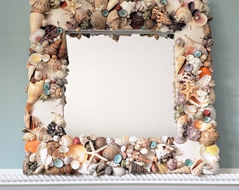 Beach Decor Seashell Mirror, Nautical Decor Shell Mirror, Coastal Decor Seashell Wall Mirror, Colored Shell Mirror, Seashell Decor, 18"