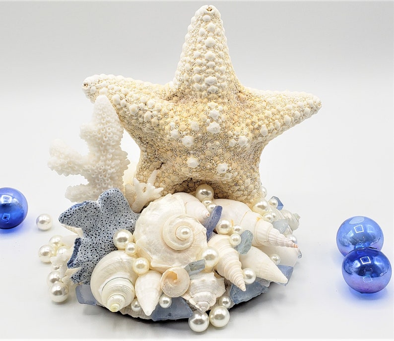 Starfish Cake Topper for Beach Weddings, Nautical Starfish Seashell & Sea Glass Cake Topper, Coastal Nautical Wedding, Beach Wedding Decor image 2