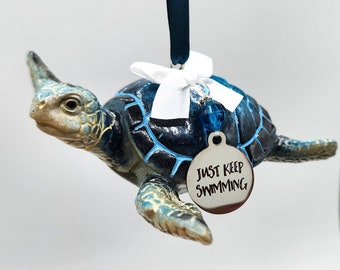 Beach Christmas Sea Turtle Ornament, Coastal Christmas Decor Turtle Ornament, Nautical Decor  "Just Keep Swimming" Turtle Gift, Beach Gift