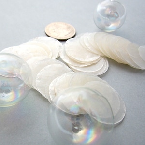 May include: A collection of iridescent, round, shell-like discs and two clear, spherical ornaments. A U.S. quarter coin is included for size comparison. The discs are off-white and translucent, with a subtle sheen. The spheres reflect light, creating a rainbow effect.