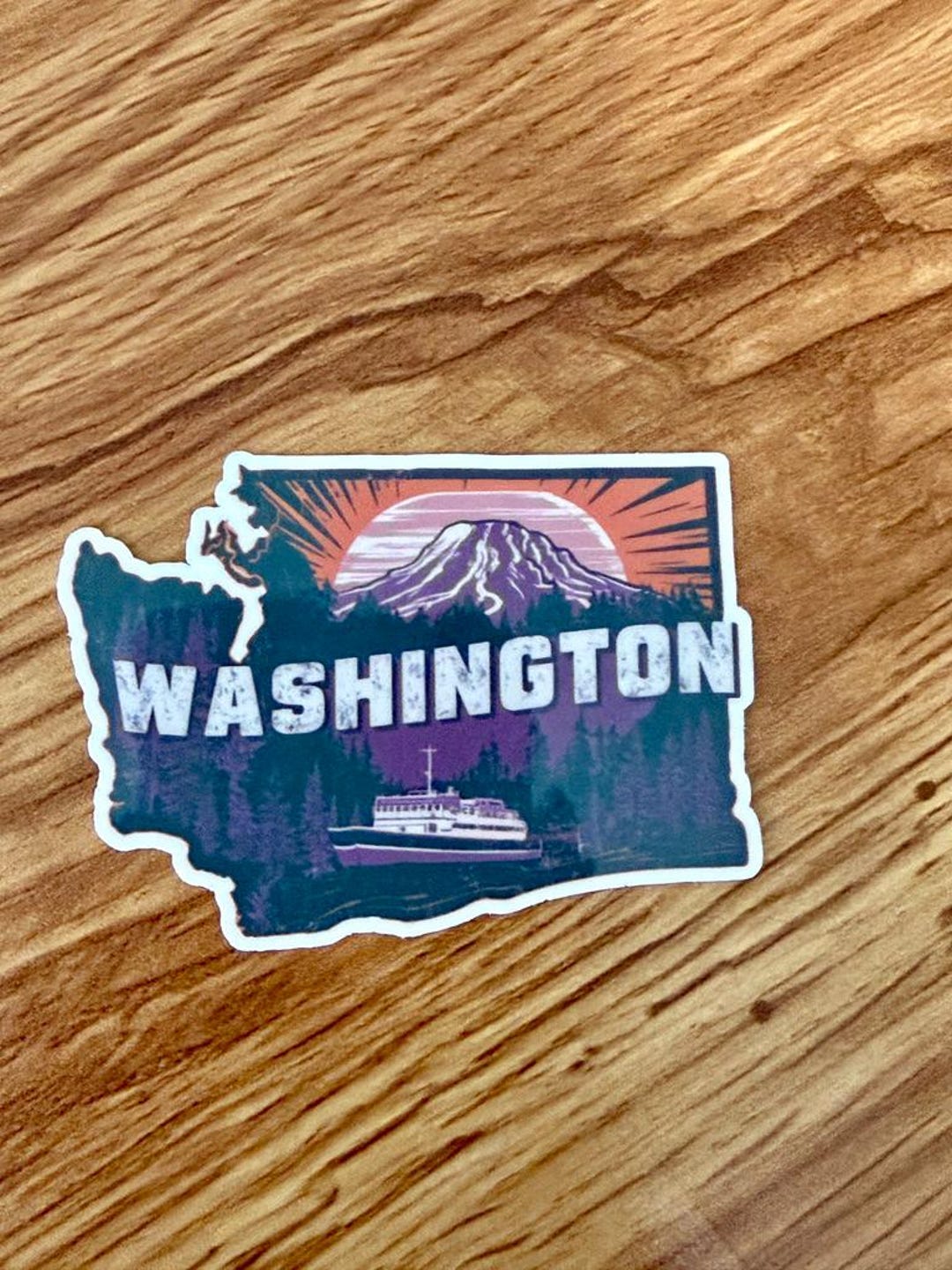 Washington State Vinyl Sticker – Retro Mountain & Evergreen Sunset ...