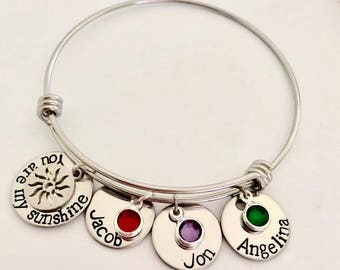 Personalized stainless steel Name Birthstone Bracelet - You are my sunshine silver Bangle name Bracelet