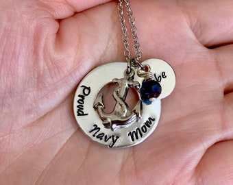 Custom "Proud navy mom" Marine, Anchor Aluminum Necklace, Navy Mom Gift