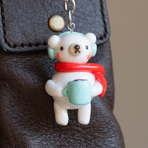Cute bear keychain clay charm, kawaii animal accessory, cozy polar bear polymer clay charm unique gifts for her handmade gift for winter lovers uncomfy.co