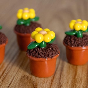 May include: Four small potted plants with yellow flowers and green leaves. The pots are brown and the flowers are made of clay.