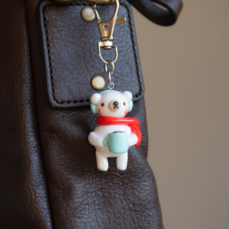 Cute bear keychain clay charm, kawaii animal accessory, cozy polar bear polymer clay charm unique gifts for her handmade gift for winter lovers uncomfy.co