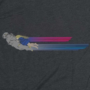 May include: Illustration of an astronaut in a gray spacesuit holding a person with blonde hair and a blue dress. The figures are depicted with colorful streaks of pink, purple, and blue, suggesting movement. The background is a dark gray.