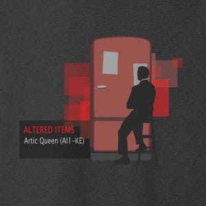 May include: A red refrigerator with a man standing in front of it. The refrigerator has a white note on the door. The text "ALTERED ITEMS Artic Queen (A11-KE)" is at the bottom of the image.