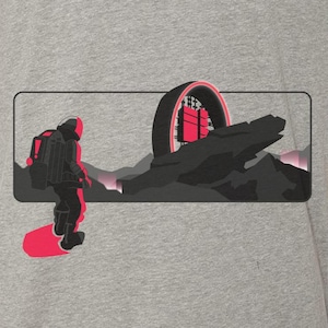 May include: A graphic illustration of a person in a spacesuit snowboarding on a red board. The person is in front of a large, red-accented structure and dark mountains. The image has a grey background.