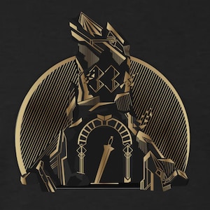 May include: Art Deco-style illustration featuring a black and gold design. The image depicts a stylized structure with a sword, set against a backdrop of a golden sunburst. The artwork has geometric shapes and lines.
