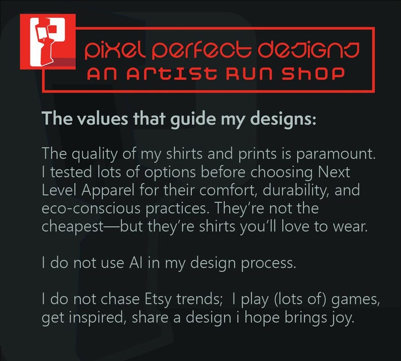 Op de afbeelding: Zwarte afbeelding met rode tekst "pixel perfect desigNJ AN ARTIST RUN SHOP". De tekst hieronder vermeldt de waarden die de ontwerpen leiden, waaronder kwaliteit, comfort en milieubewuste praktijken. De afbeelding vermeldt ook dat de ontwerpen niet door AI zijn gegenereerd.