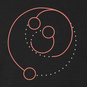 May include: Abstract graphic design on a black background. The design features a series of interconnected lines and circles in a coral color, with a dotted line element. The overall shape resembles a stylized spiral or a face.