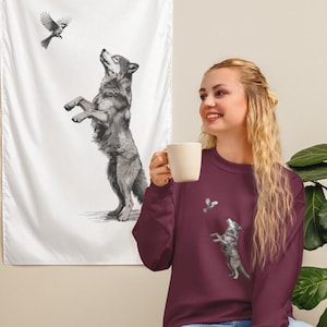 Wolf Sweatshirt - Bird Sweatshirt - Cute Nature Sweatshirt - Wolf Lover Adult Crewneck Sweatshirt - Animal Print - Pullover Sweatshirt