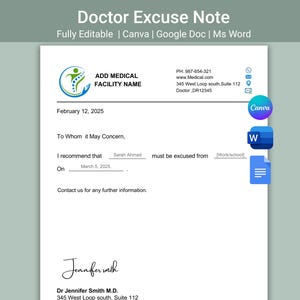 Nota de excusa médica con firma editable / Carta de excusa médica / Nota de excusa para trabajo y estudios / Personalizable en Canva, Word y Google Docs