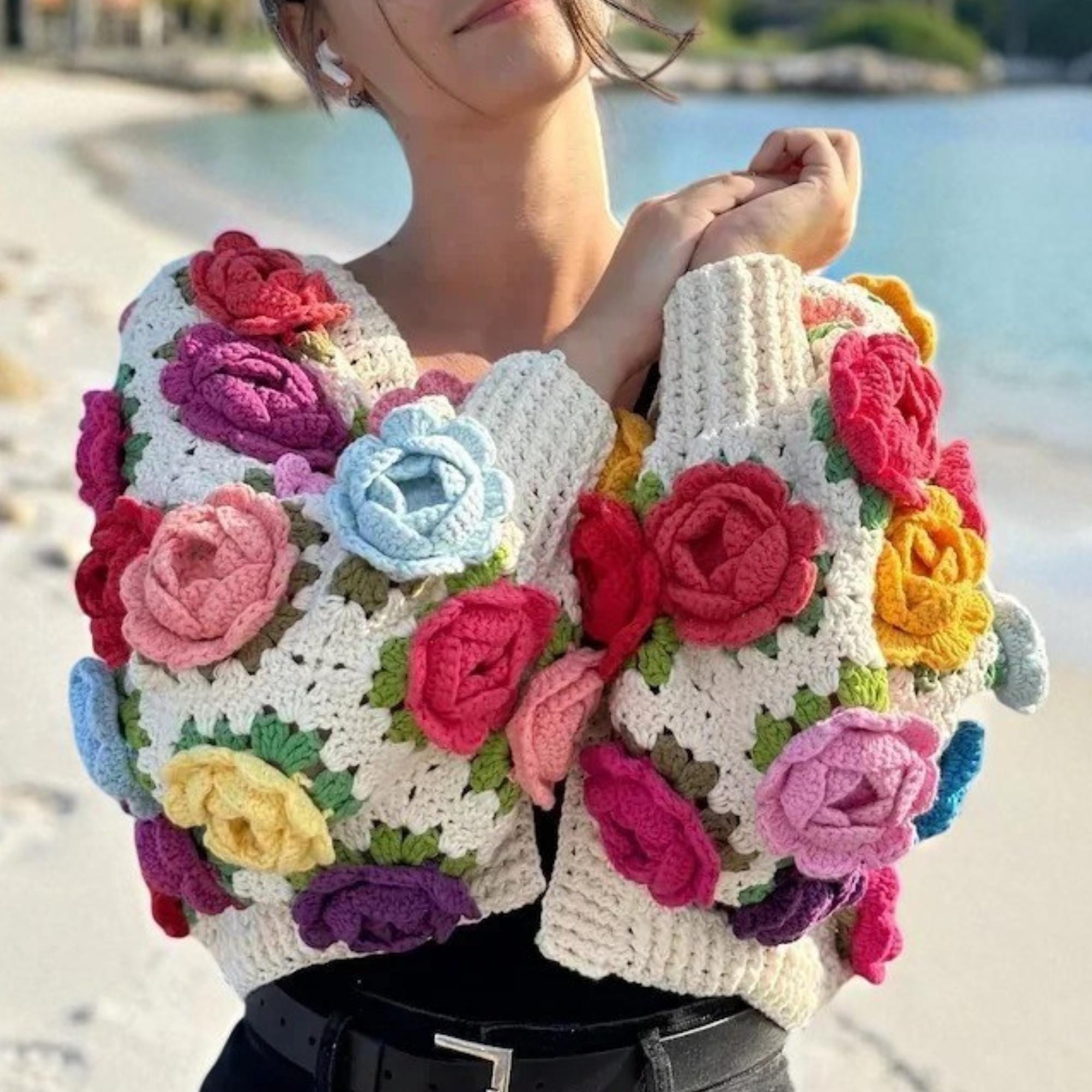 Geblümten strick jacke